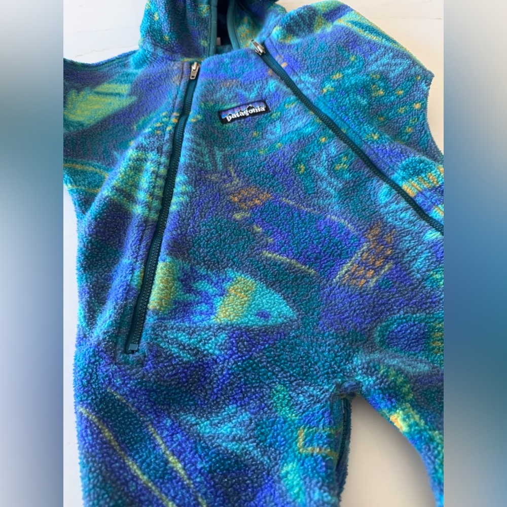 VTG Patagonia Fleece Bunting One Piece 3 Month Deep Sea Creatures 90s AOP - Picture 11 of 12